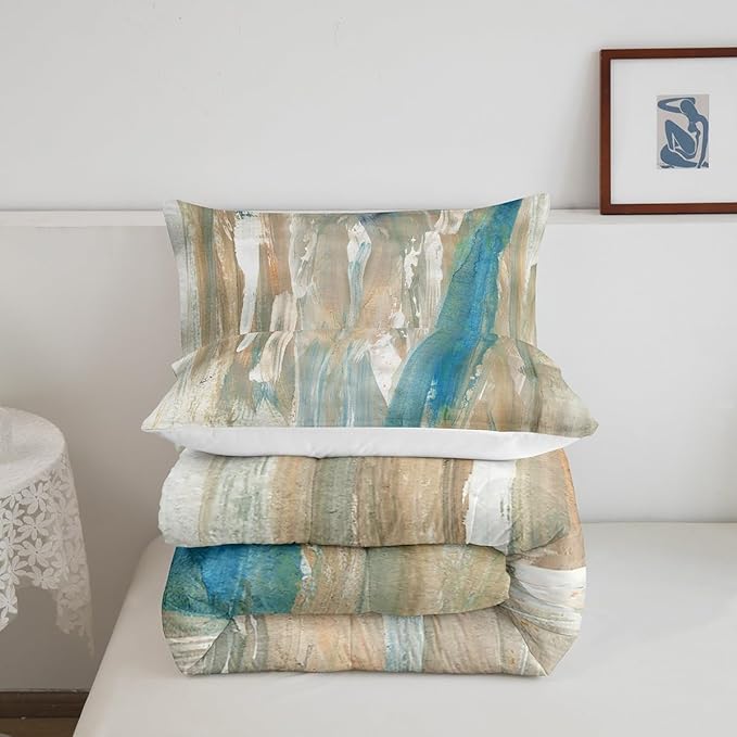Erosebridal Blue Brown Comforter Set King Ombre Abstract Art Bedding Set, Brush Marks Gradient Bedding Comforter Sets Contemporary Vintage Duvet Sets, Watercolor Stripe Aesthetic Quilted Comforter