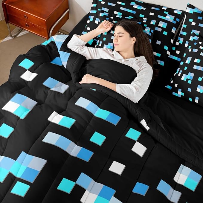 Castle Fairy Blue Miner Square 7 Piece Comforter Sets King Size,Geometric Grid All Season Reversible Bed in a Bag Pixelated Games Bedding Sets Pixel Style Flat Sheet,Fitted Sheet,Pillowcases