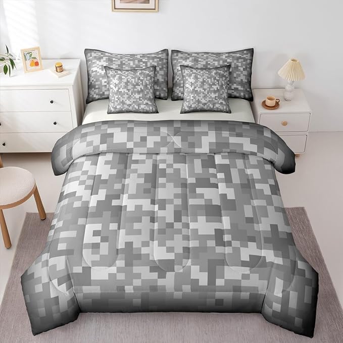Castle Fairy Grey Pixel Grid 7 Piece Comforter & Sheet Sets Full Size,Miner Video Games Bedding Set Abstract Camouflage Bed in a Bag Grid Flat & Fitted Sheets,4 Pillow Covers