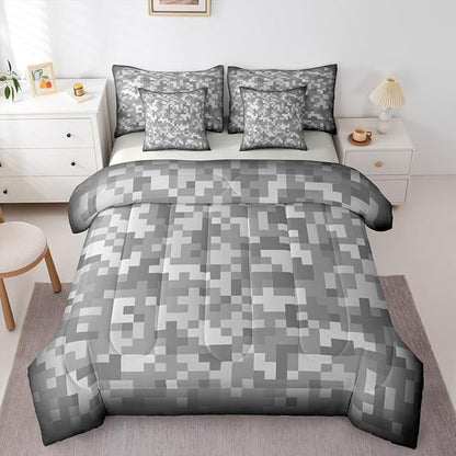 Castle Fairy Grey Pixel Grid 7 Piece Bedding Set Queen Size,Miner Video Games Comforter & Sheet Sets Abstract Camouflage Bed in a Bag Grid Flat & Fitted Sheets,4 Pillow Covers