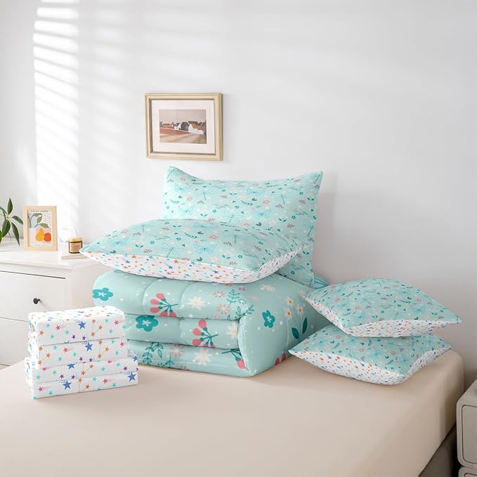 Feelyou Butterfly Dragonfly 7 Piece Bedding Set Mint Green Comforter Set with Sheets for Kids Boys Girls Flowers and Plants Bed in a Bag Nature Plants Bed Set Soft Lightweight