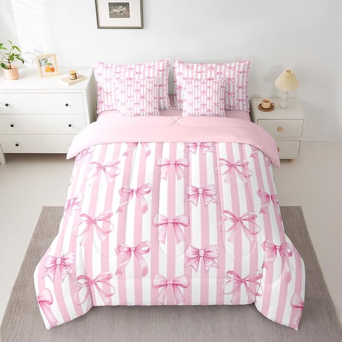 Erosebridal Pink Bow Stripe Bowknot Girls 7 Piece Bedding Set Twin | Ribbon Cute Kawaii Comforter Set with Sheets Dreamy White Bed in A Bag Kids Teens Women Bed Sets