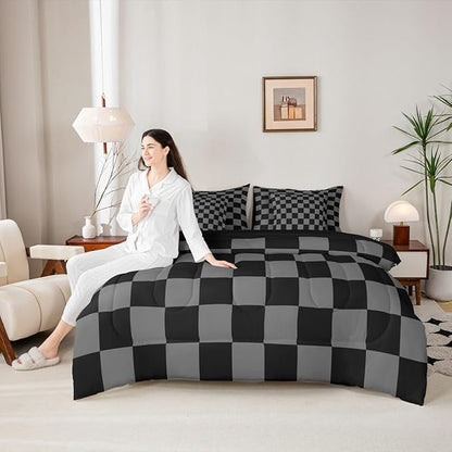 Checkered Retro Comforter Set King Size 7 Pieces Black Grey Plaid Bedding Set for Kids Boys Girls Geometric Vintage Bed in a Bag Modern Simple Groovy Aesthetic Bedroom Decor Quilted Lightweight