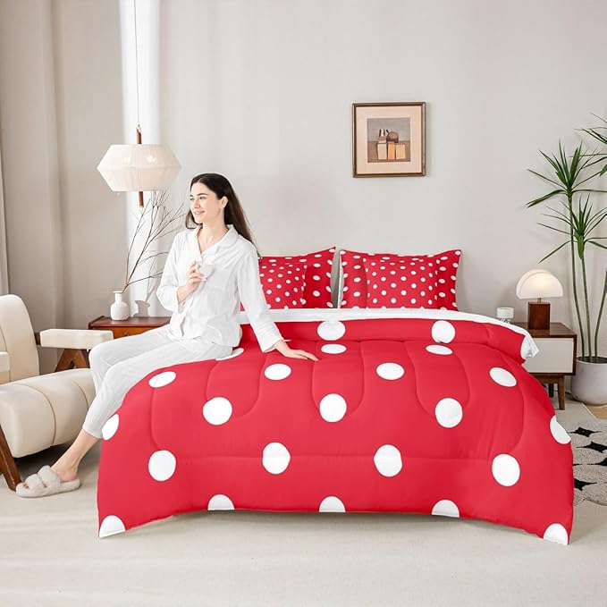 Feelyou Polka Dot 7 Piece Bedding Set Red White Comforter Set with Sheets for Kids Boys Girls Geometric Plaid Bed in a Bag Modern Cute Bed Set Soft Lightweight