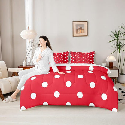 Feelyou Polka Dot 7 Piece Bedding Set Red White Comforter Set with Sheets for Kids Boys Girls Geometric Plaid Bed in a Bag Modern Cute Bed Set Soft Lightweight