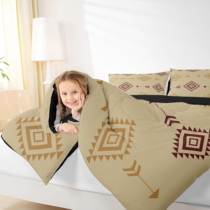 Feelyou Kids Brown Boho Western Bedding Set Toddler Size Southwestern Aztec Tribal Comforter Set for Boys Girls Bohemian Duvet Quilt