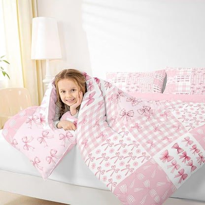Feelyou Pink Bow Kids Comforter Set Toddler Size Princess Bow Bedding Set Cute Bowknot Duvet Quilt for Kids Boys Girls Bedroom Kawaii Decor Microfiber Ultra Soft Breathable
