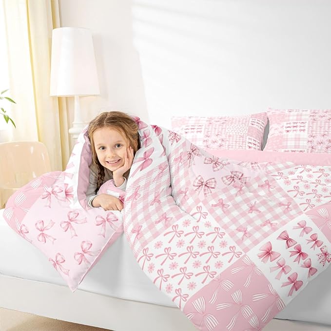Feelyou Pink Bow Kids Comforter Set Queen Size Princess Bow Bedding Set Cute Bowknot Duvet Quilt for Kids Boys Girls Bedroom Kawaii Decor Microfiber Ultra Soft Breathable