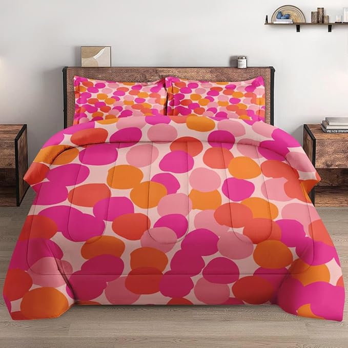 Comforter Set Queen Size, Pink Orange Colorful Soft 3 Pcs Bedding for Kids and Adults, Fruit Retro Leaves Comforter Set with Pillowcase, for Bedroom Bed Decor