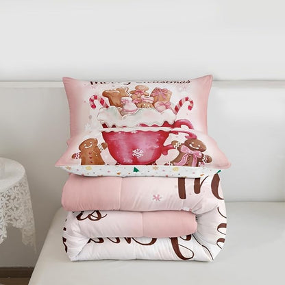 Gingerbread Men Comforter Set Twin Size,Candy Coffee Bedding Sets 2Pcs for Kids Girls Boys Women Room Decor,Pink Bowknot Duvet Insert Pink Christmas Down Comforter,1 Pillowcase