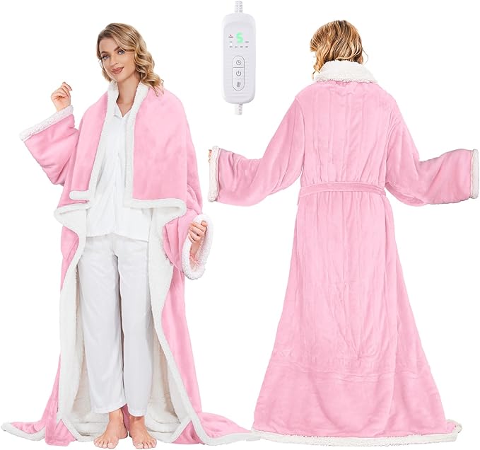 SIHOHAN Heated Throw Blanket Wearable Blanket Throw with Foot Pockets, Sleeves Flannel & Sherpa Wearable Blanket 8 Heating Levels & Timer Snuggle Blankets for Home Office-Electric Blanket 50*60" Pink