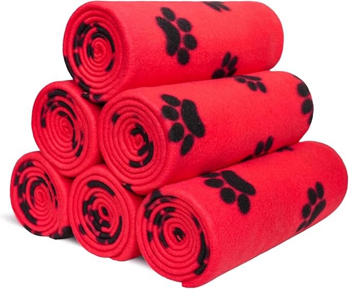 ZYFZCYBL Fleece Throw Blankets Lightweight Warm Soft Cozy Pet-Friendly Bulk Fleece Throw Blanket Solid for Home Bed, Sofa，Office,Gifts, Couch (Pack of 6-50 x 60 inch，Red Black Paw Print)