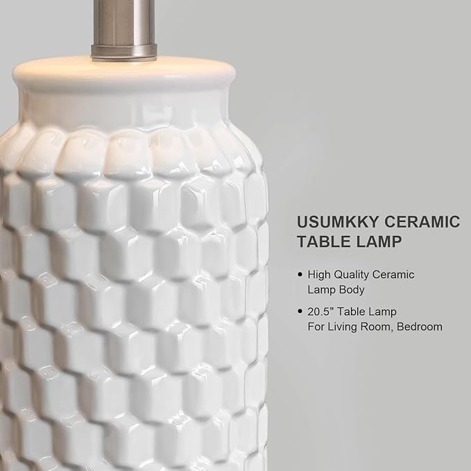 20.5" White Modern Ceramic Bedside Lamp Set of 2 for Bedroom Decor Farmhouse Table Lamp for Living Room Office Dorm