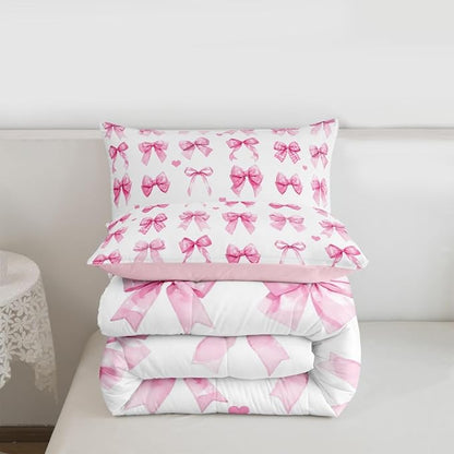 Castle Fairy Pink Bow Full Bedding Sets for Girls | Girls Bow Decor Comforter Set 3Pcs with 2 Pillowcases Bow Stuff Quilt for Kids Teens Pink Bowknot Quilted Duvet Bed in a Bag