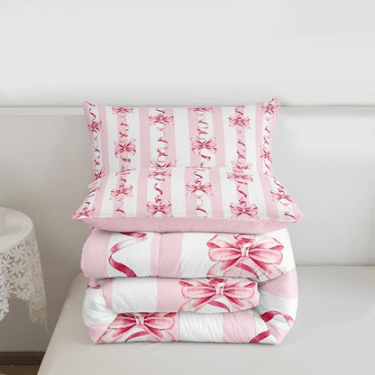 Erosebridal Pink Ribbon Bow Comforter Set Cute Coquette Bowknot King Bedding Set for Girls,Romantic Aesthetic Princess Bow Comforter Pink Geometric Striped Line Bed Set for Kids Teen Adults