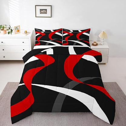 Erosebridal Grey Red Black Bedding Comforter Sets Dark Gray White Striped Abstract Bedding Set Queen for Boys Teen Men Geometric Stripes Down Comforter Modern Fashion Quilt Duvet