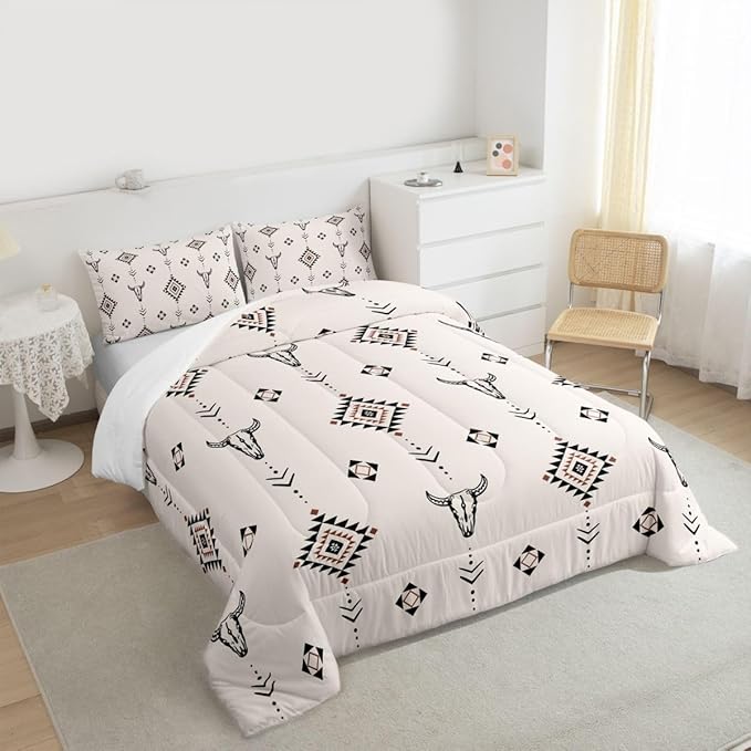 Erosebridal Western Aztec Comforter Set Full Size American Native Bedding Set Boho Southwestern Quilt for Kids Boys Teens Adult Bedroom Tribal Bull Skull Farmhouse Duvet Insert