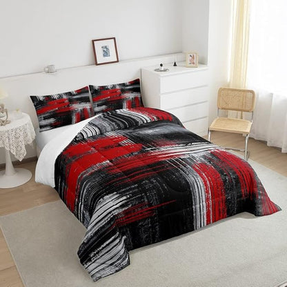 Feelyou Red Black and Grey Comforter Geometric Artistic Smear Comforter Set Abstract Graffiti Art Bedding Set Contemporary Modern Brush Design Duvet Set Room Decor Quilt Set Twin Size