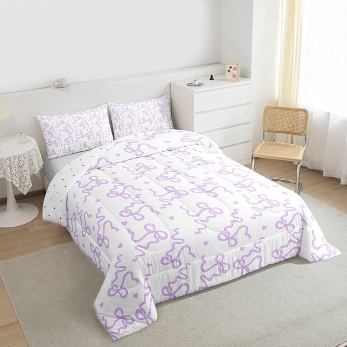 Purple Bow Knot Comforter Set King Size,Cute Love Heart Print Bedding Sets 3Pcs for Kids Girls Women Room Decor,Bowknot Butterfly Tie Quilted Duvet Lovely Vivid Down Comforter,2 Pillowcases