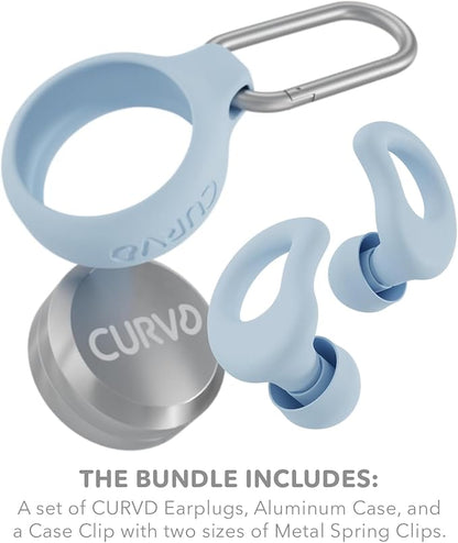 CURVD Everyday Earplugs + Case Clip Bundle, Perfect Ear Plugs for Sleep, Travel, Noise Sensitivity/canceling + Portable Waterproof Container & Silicone Sleeve for Ear Plugs(Blue)