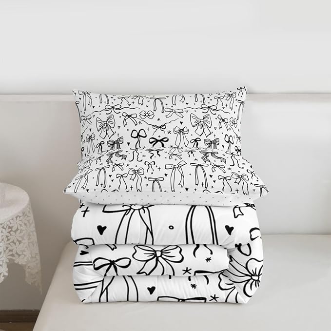 Castle Fairy Black Bowknot Comforter Set King Size,Bow Tie Knot Pattern Bedding Sets 3Pcs for Kids Girls Women Room Decor,Sweet Princess Style Quilted Duvet Girly Modern Down Comforter,2 Pillowcases