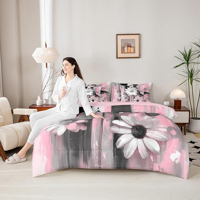 Feelyou Girls Daisy Flower Comforter Set with Sheets King Size 7 Pieces Kids Butterfly Floral Bedding Set for Boys Women Teens Pink Black Simple Modern Abstract Art Bed in a Bag Room Decor