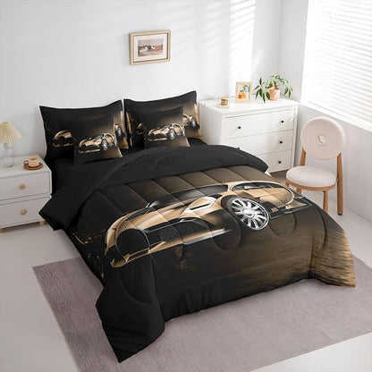 Feelyou Sports Car 7 Piece Bedding Set Brown Race Car Comforter Set with Sheets for Kids Boys Girls Extreme Sports Bed in a Bag Cool Speed Luxury Car Decor Quilt with 2 Pillowcases King