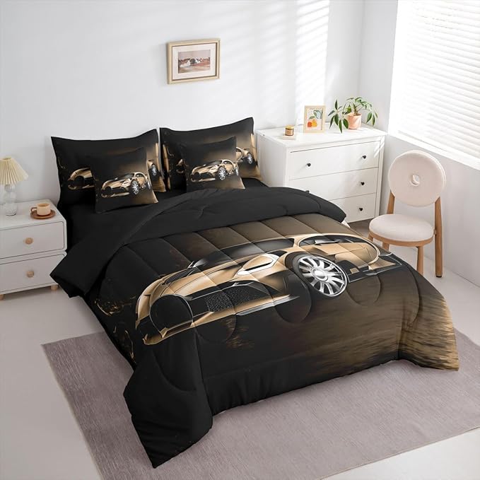 Feelyou Sports Car 7 Piece Bedding Set Brown Race Car Comforter Set with Sheets for Kids Boys Girls Extreme Sports Bed in a Bag Cool Speed Luxury Car Decor Quilt with 2 Pillowcases Queen