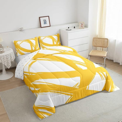 Erosebridal Yellow and White Abstarct Toddler Bedding Set,Aesthetic Geometric Comforter Set for Minimalists,Graffiti Stripes Lines Quilt,Contemporary Boho Modern Art Duvet Insert for Minimalism
