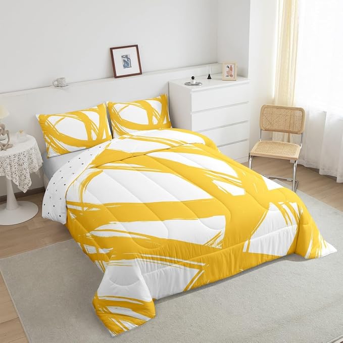 Yellow and White Striped Bedding Set Full Size for Adults Youth Teens,Contemporary Boho Modern Art Comforter Set,Graffiti Stripes Lines Quilt,Aesthetic Geometric Duvet Insert for Minimalists