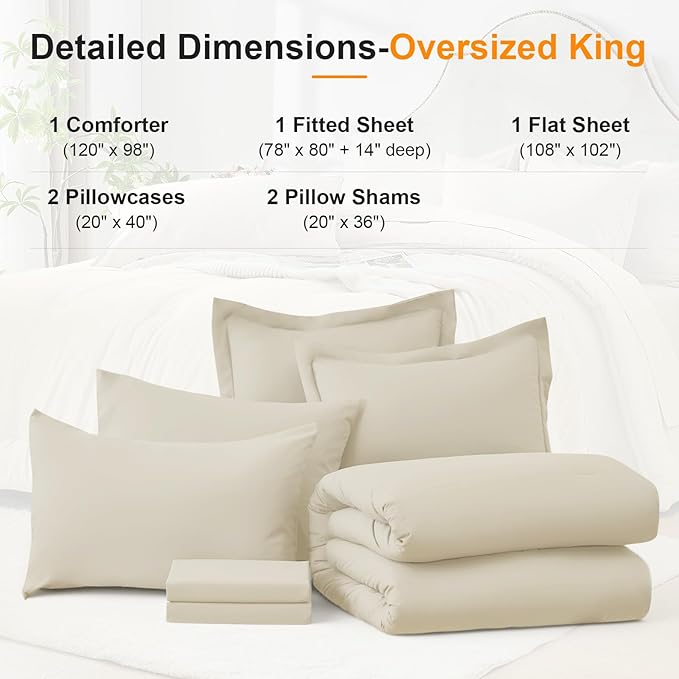 Oversized King Size Comforter Set 7 Pieces - Soft Bed in a Bag King Bed Set, Cozy Luxury Bedding Sets with All Season Comforter, Flat Sheet, Fitted Sheet, 2 Pillowcases & 2 Shams, Beige