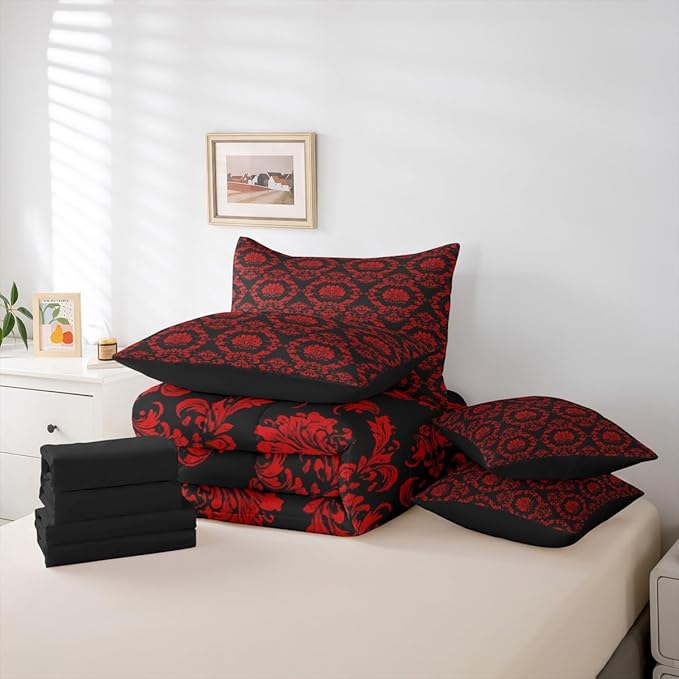 Erosebridal Black and Red Damask Queen Comforter Set with Sheets | Victorian Decor Gothic Vintage Floral 7-Piece Bedding Set Baroque Goth Bed in a Bag, Luxury Bohemian Bed Sets