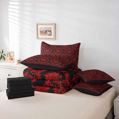 Erosebridal Black and Red Damask Twin Comforter Set with Sheets | Victorian Decor Gothic Vintage Floral 7-Piece Bedding Set Baroque Goth Bed in a Bag, Luxury Bohemian Bed Sets