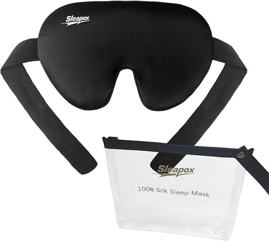 Silk Sleep Mask,100% Natural Eye Masks for Sleep/Women/Men Satin and Lightweight Complete Blackout Sleeping Mask Ergonomic Design for Side Sleeper,Travel,Airplane with Pouch Large(L)