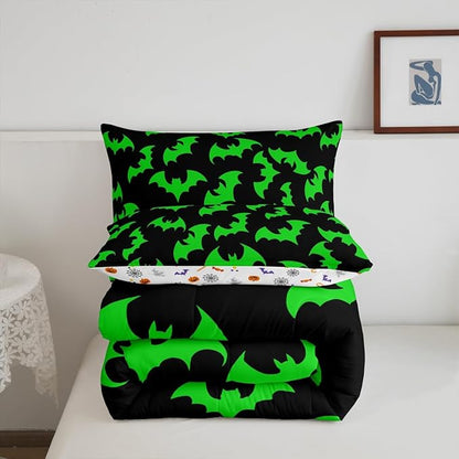 Erosebridal Green Bat Bedding Set Full Size Halloween Bat Comforter Set Spooky Goth Gothic Animal Bed Sets Horror Halloween Duvet Quilt Sets for Kids Teens Adults