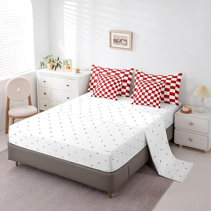 Feelyou Checkered Retro 7 Piece Bedding Set Teen Women Men Red White Plaid Comforter Set with Sheets Full Size Kids Boys Girls Geometric Vintage Bed in a Bag Modern Simple Groovy Aesthetic Room Decor