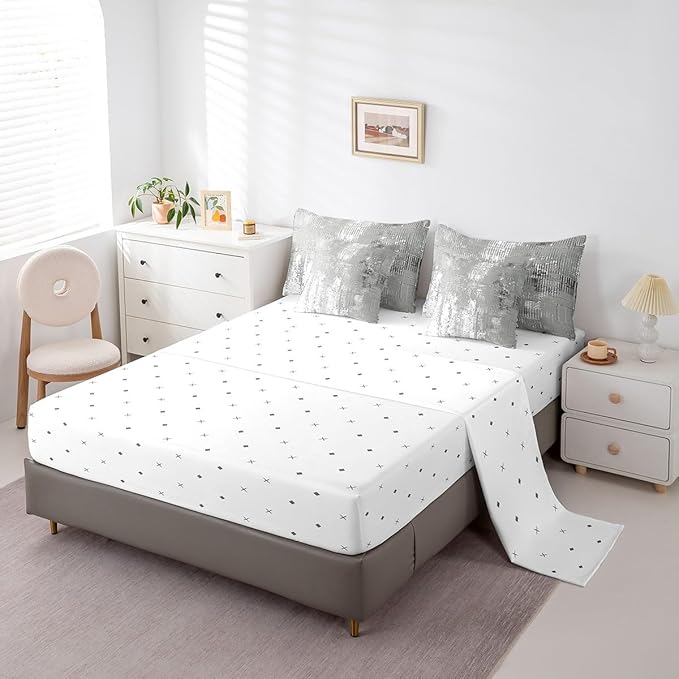 Erosebridal Grey Graffiti Bedding Comforter Sets 7-Piece Vintage Grunge Bedding Set, Abstract Artwork Full Size Comforter Set with Flat Sheet, Fitted Sheet, Pillowcases and Throw Pillow Covers