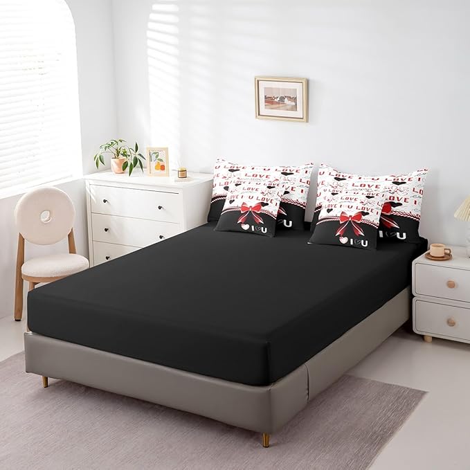Feelyou Twin Size Valentine's Day Comforter Set with Sheets Boys Girls Red Bowknot 7 Piece Bedding Set for Adult Women Men Love Theme Bed in a Bag Black White Bed Set