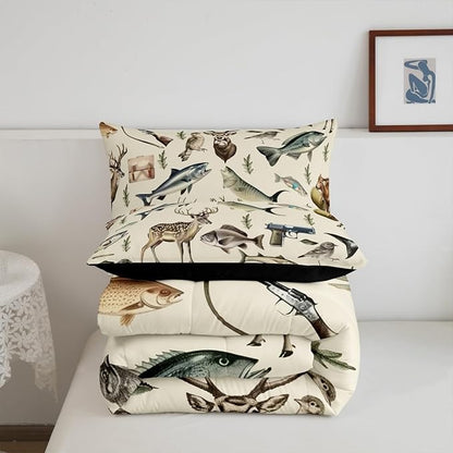 Erosebridal Hunting and Fishing King Comforter Set,Deer Hunting Bedding Sets for Kids Boys Men,Big Bass Pike Fish Quilt Bed Set,Rustic Cabin Lake House Bedroom Decor,2 Pillowcases Breathable