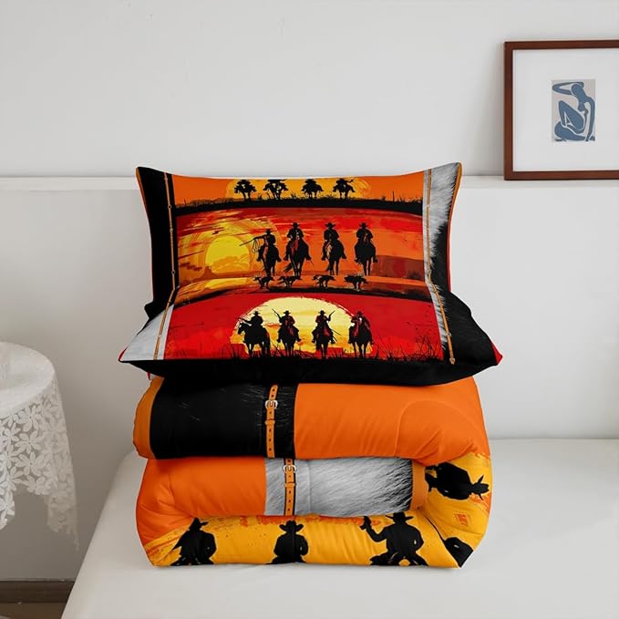 Feelyou Orange Western Decor Comforter King Size Wild Western Cowboy Comforter Set for Boys Girls Children Horse Setting Sun Patchwork Bedding Set Room Decor Horseshoes West Texas Star Duvet Set 3Pcs