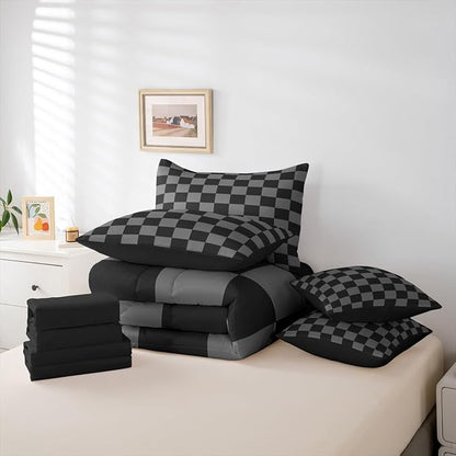Checkered Retro Comforter Set King Size 7 Pieces Black Grey Plaid Bedding Set for Kids Boys Girls Geometric Vintage Bed in a Bag Modern Simple Groovy Aesthetic Bedroom Decor Quilted Lightweight