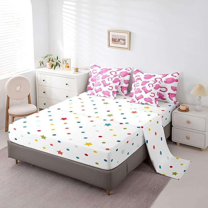 Feelyou Pink Western Cowgirl Comforter Set with Sheets Twin Size Kids West Cowboy 7 Pieces Bedding Set for Boys Girls Teens Rodeo Horseshoe Hat Bed in a Bag Grunge Design Bed Set