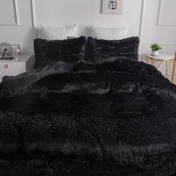 chovy Faux Fur Plush Black Comforter Sets King - Ultra Soft Shaggy Flannel Velvet Fluffy Fuzzy 3PC Bedding Set （Comforter x 1 Pillowcases x 2）