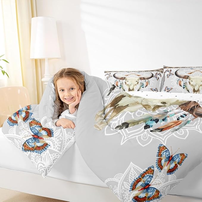 Western Bull Skull Comforter Set King Size,Tribal Arrow Feather Butterfly Bedding Set,Mandala Floral Print Quilt Set for Kids Girls Boys Room Decor,Vintage Boho Brown Grey Duvet Insert 3Pcs