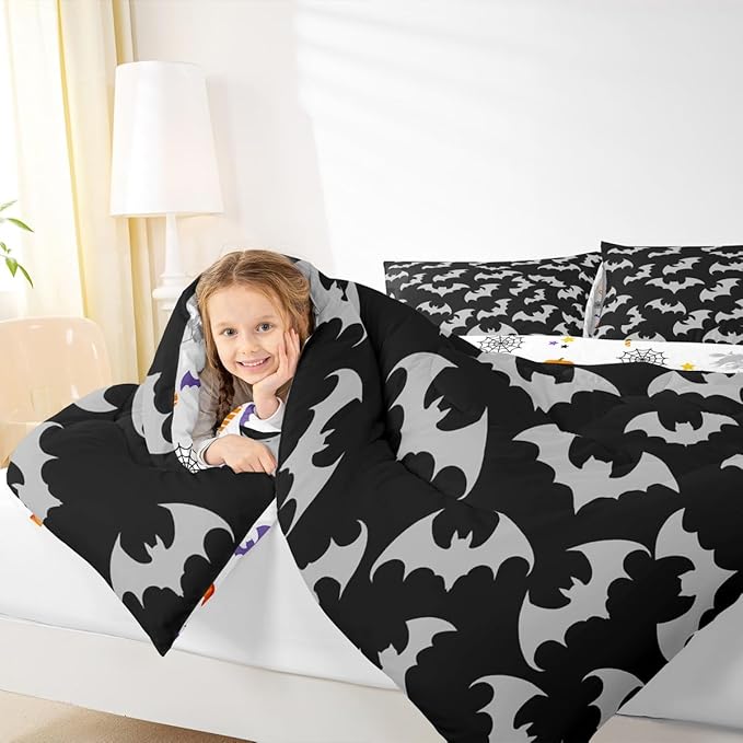 Erosebridal Gray Bat Queen Comforter Set Halloween Bat Bedding Set Spooky Goth Gothic Animal Bed Set Horror Halloween Quilt Set for Kids Teens Adults
