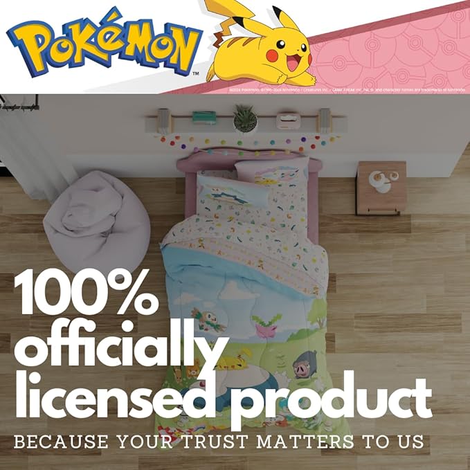 Pokemon Bedding Super Soft Comforter and Sheet Set with Sham, 4 Piece Twin Size, Featuring Snorlax, Pikachu, Eevee & Jigglypuff (Officially Licensed Product) by Franco
