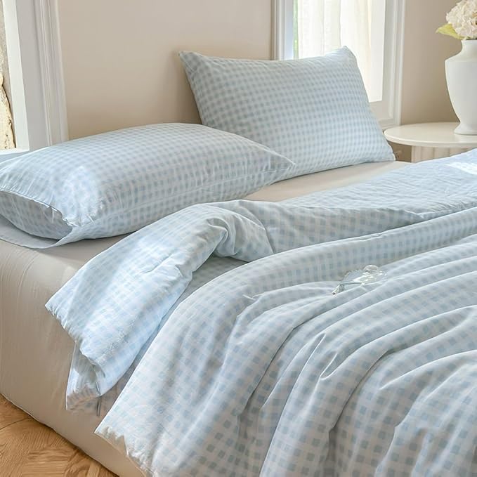 NSNLGSGC Light Blue Gingham Cotton Comforter Set Twin, 100% Washed Cotton Blue Plaid Checked Comforter Bedding, 2 Pieces Vintage Farmhouse Grid Bedding Set(Light Blue Gingham, Twin)