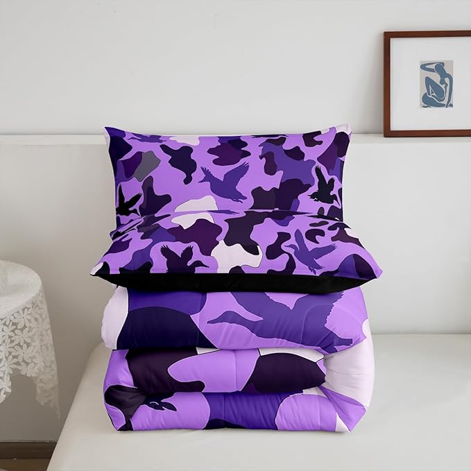 Erosebridal Duck Hunting Duvet Insert Queen Duck Hunter Bedding for Kids Girls Army Camouflage Hunting Bedding Comforter Sets Vintage Purple Black Room Decor Wild Animal Duck Rustic Comforter Set