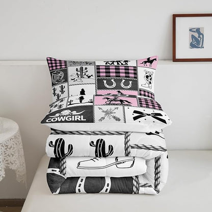 Western Cowgirl Kids Comforter Set Twin Size,Cactus Horseshoe Cowgirl Boot Rustic Bedding Set,Girls Women Room Decor,Bow Cow Skull Patchwork Down Comforter,Pink Fashion Duvet Insert,1 Pillowcase