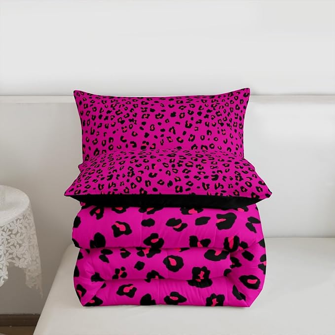 Erosebridal Pink Leopard Print Queen Comforter Set | Cheetah Wild Animals Bedding Set for Women Room Decor Africa Leopard Comforter Safari Animals Duvet Insert,3 Piece with 2 Pillowcases